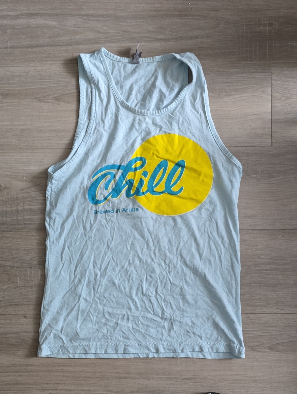 Light Blue "Chill" ARUBA Beer Graphic Tank with Yellow Sun S